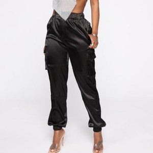 SABRINA BLACK SATIN CARGO JOGGERS SMALL